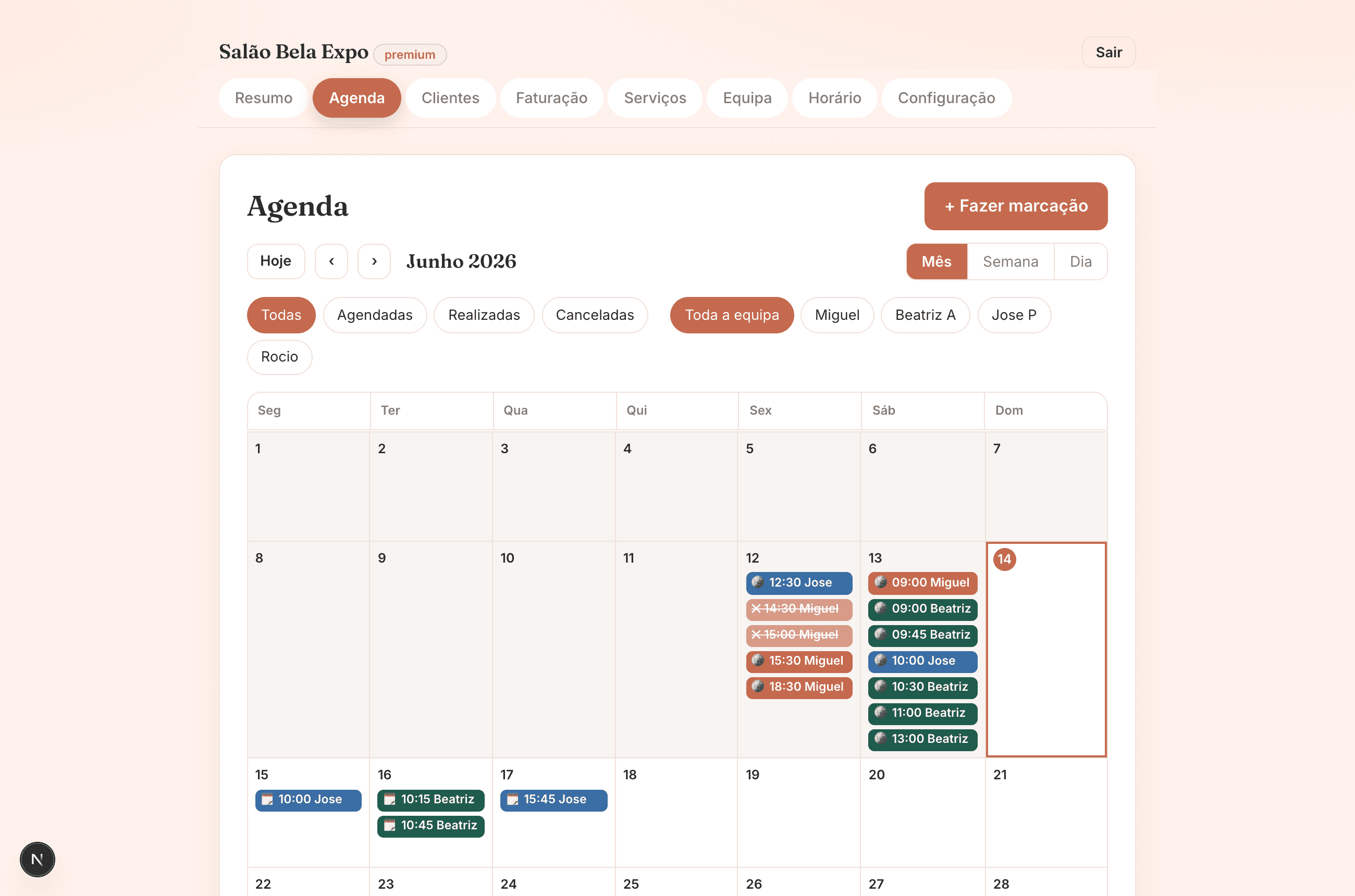 Agenda semanal Belita — vista por profissional